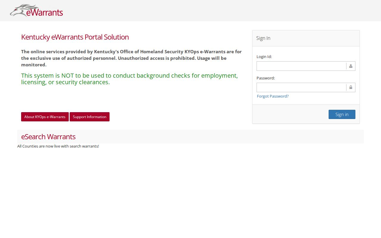 Kentucky eWarrants official landing page for a Meade County warrant check